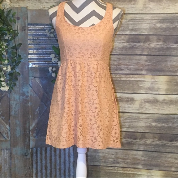 Peach Lace Fit & Flare Caged Back Halter Dress - Picture 3 of 5